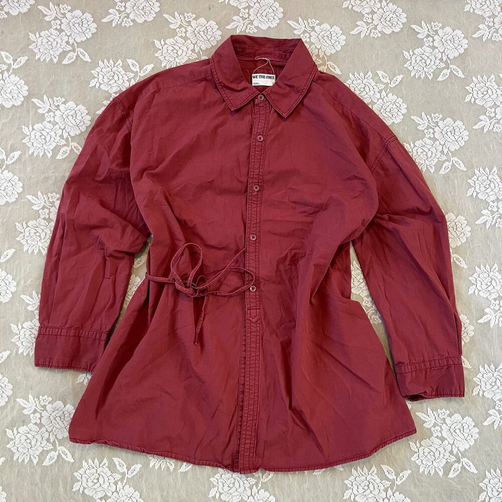 We The Free Burgundy Tie Waist Shirt Dress Size L